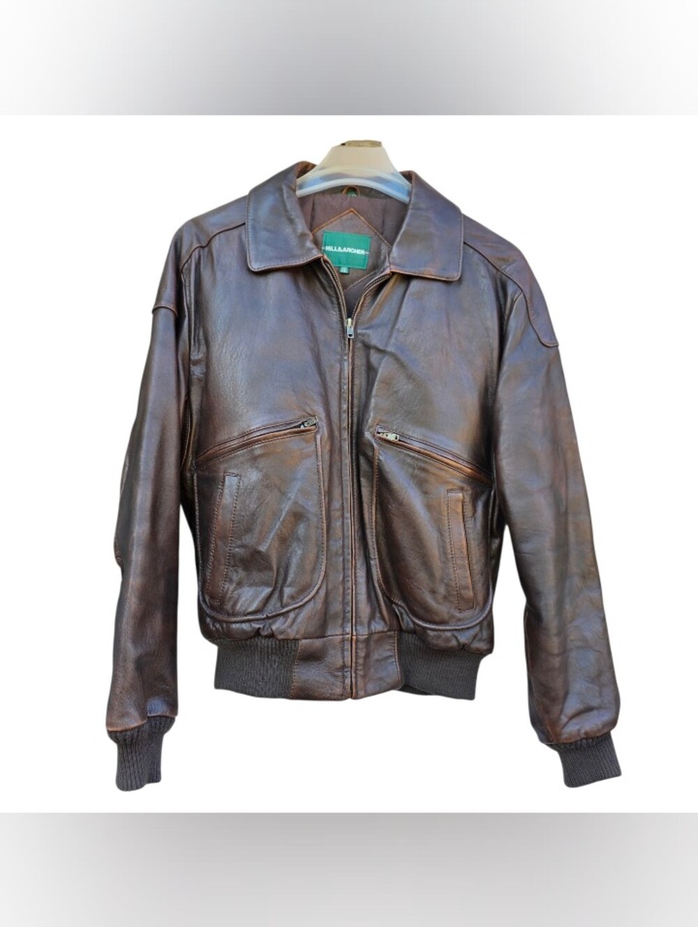 Vibtage Hill & Archer Leather Bomber Jacket Size 40 MEDIUM Brown Leather